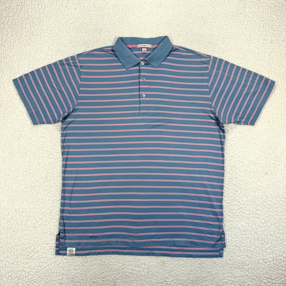 Peter Millar Polo Shirt Men's XL Blue Pink Striped Cotton Golf Preppy Casual